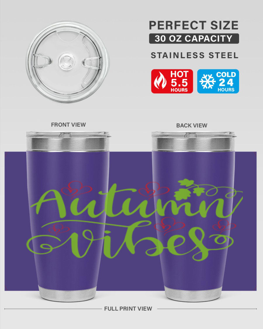 Autumn Vibes 20oz Tumbler featuring double wall vacuum stainless steel and a vibrant fall design.