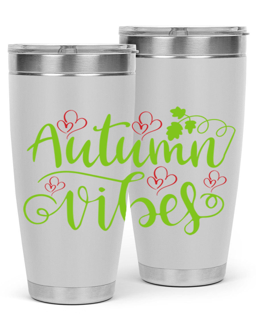 Autumn Vibes 20oz Tumbler featuring double wall vacuum stainless steel and a vibrant fall design.