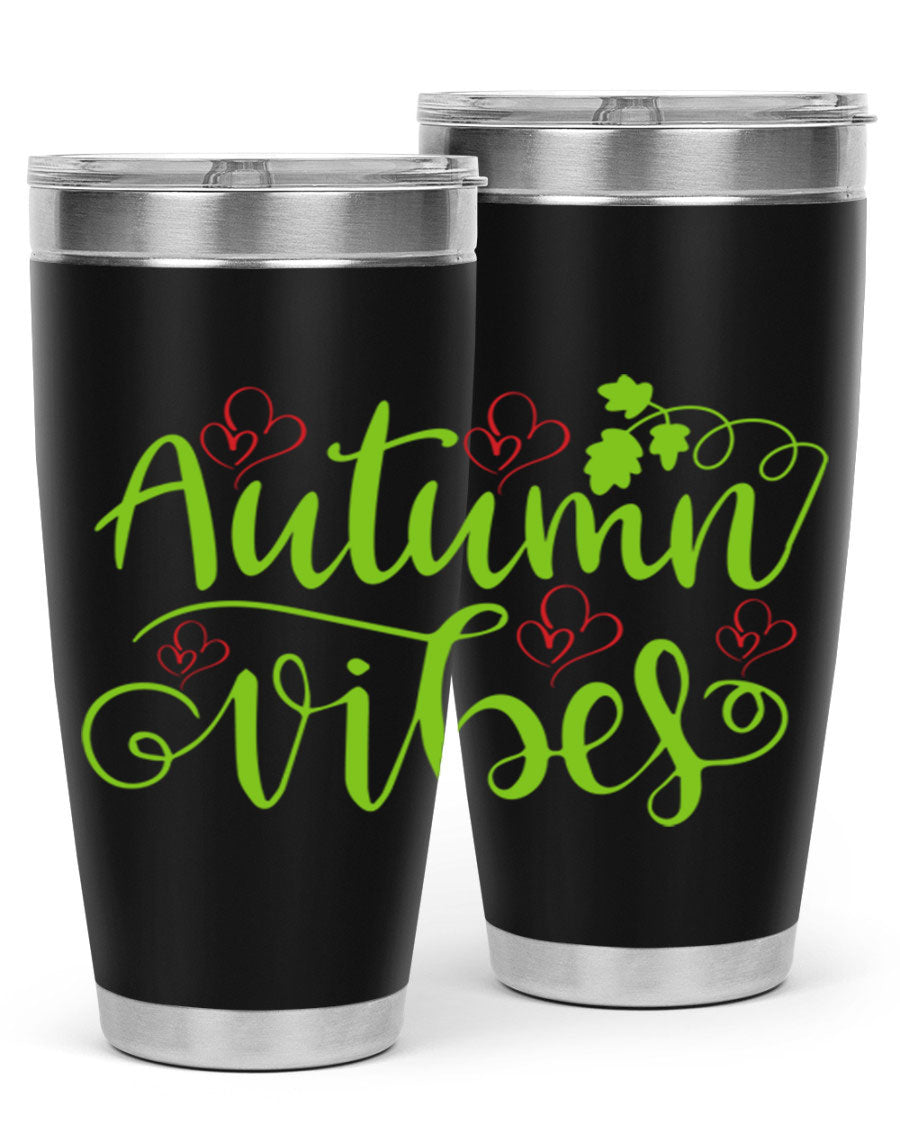 Autumn Vibes 20oz Tumbler featuring double wall vacuum stainless steel and a vibrant fall design.