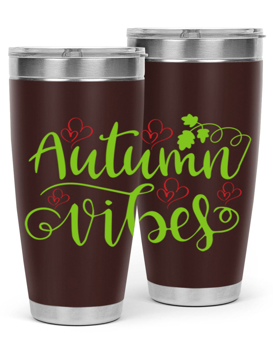 Autumn Vibes 20oz Tumbler featuring double wall vacuum stainless steel and a vibrant fall design.