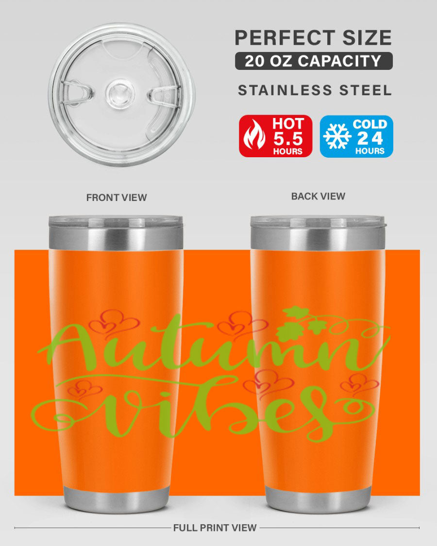 Autumn Vibes 20oz Tumbler featuring double wall vacuum stainless steel and a vibrant fall design.