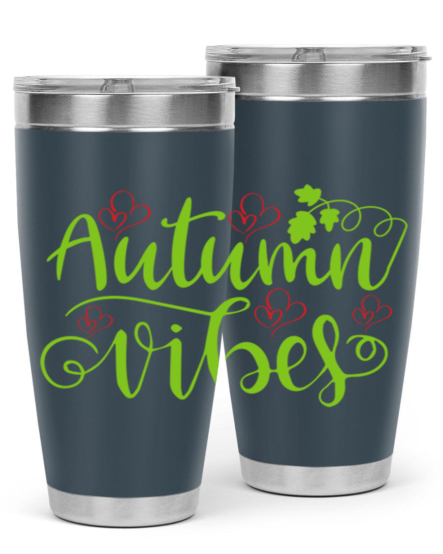 Autumn Vibes 20oz Tumbler featuring double wall vacuum stainless steel and a vibrant fall design.