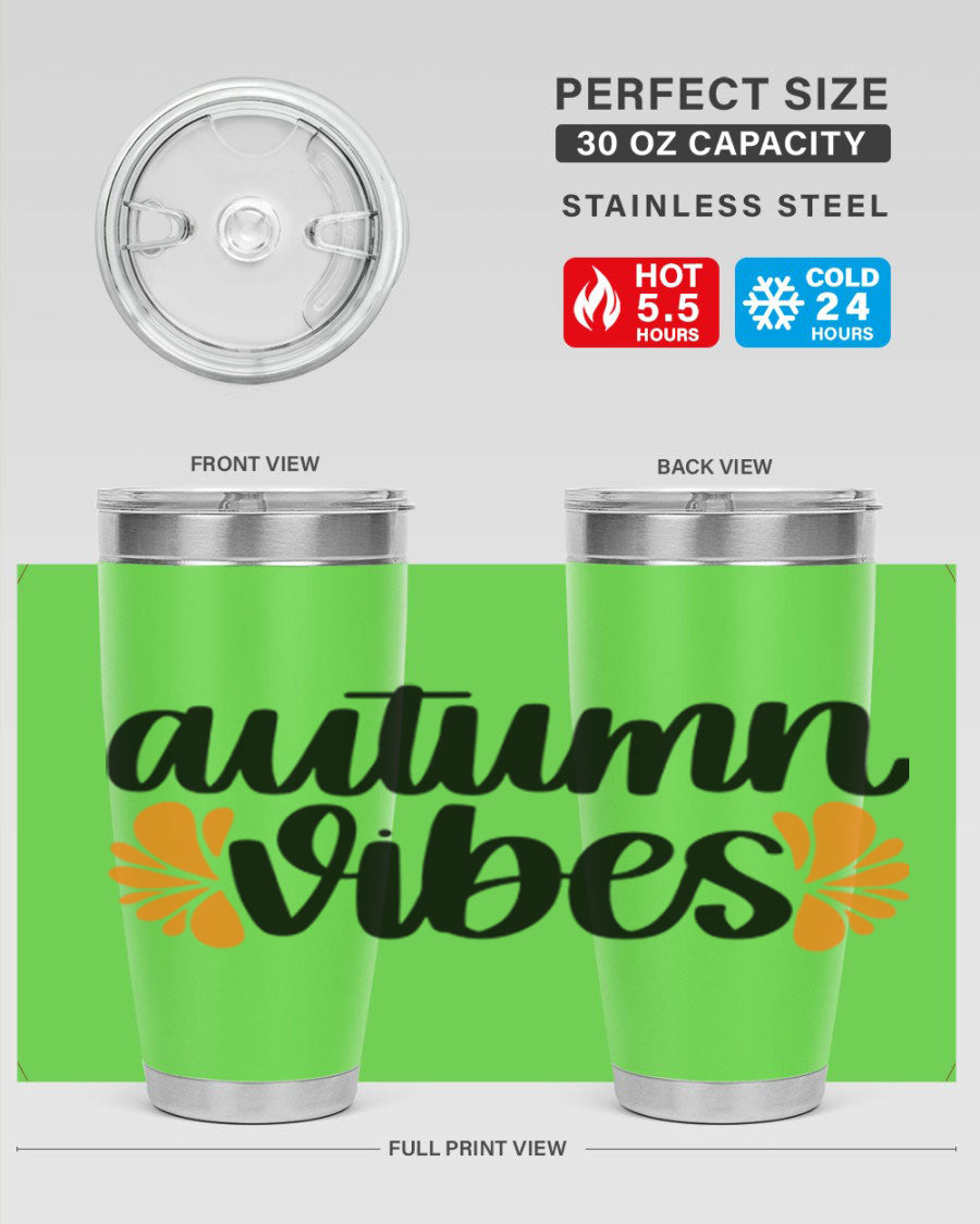 Autumn Vibes 478# Tumbler featuring a fall-themed design, double wall vacuum insulation, and a press-in lid, perfect for hot and cold beverages.