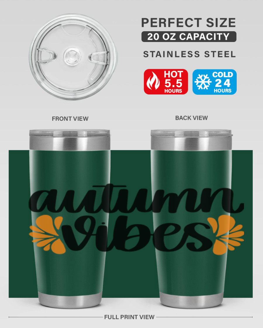 Autumn Vibes 478# Tumbler featuring a fall-themed design, double wall vacuum insulation, and a press-in lid, perfect for hot and cold beverages.