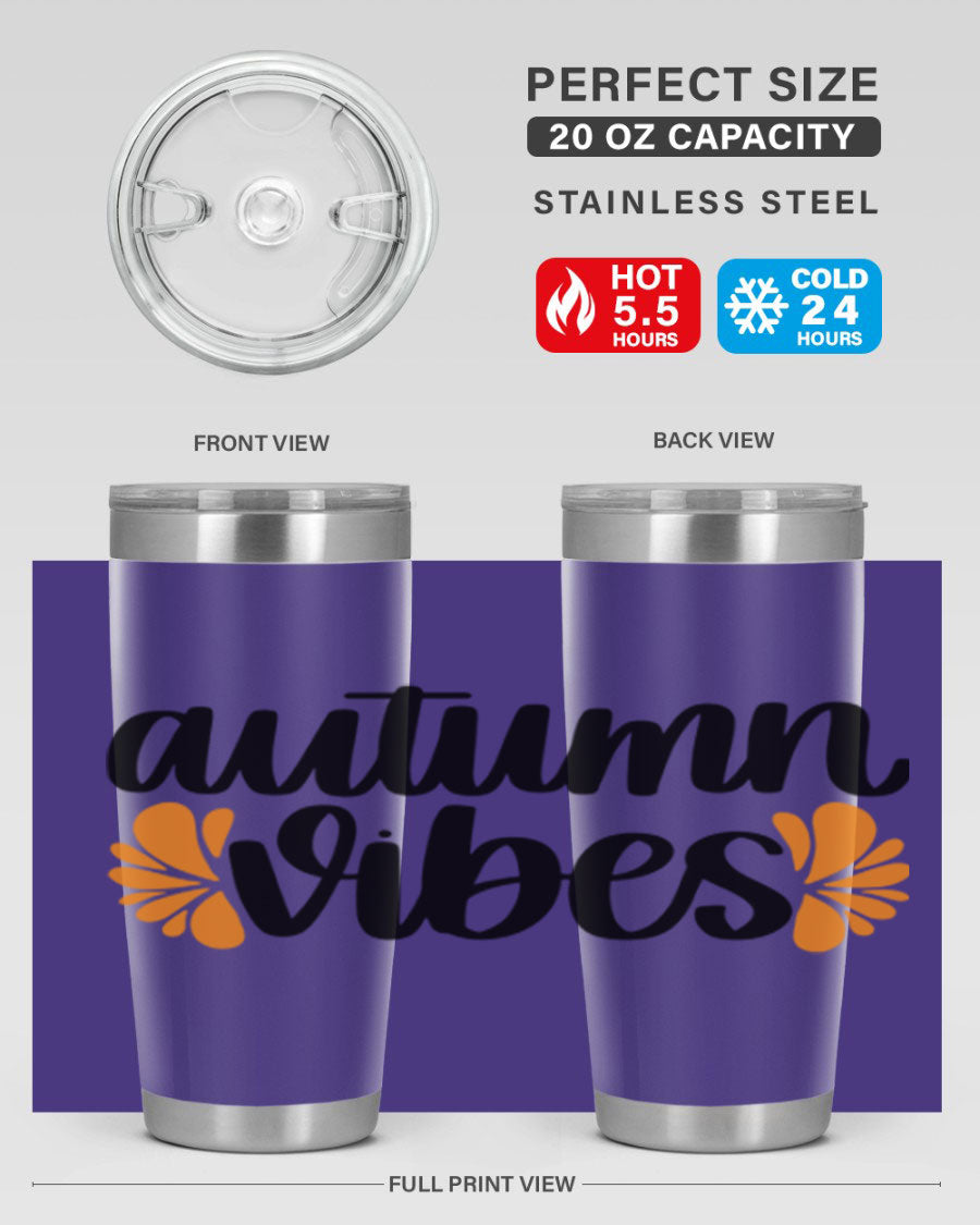 Autumn Vibes 478# Tumbler featuring a fall-themed design, double wall vacuum insulation, and a press-in lid, perfect for hot and cold beverages.