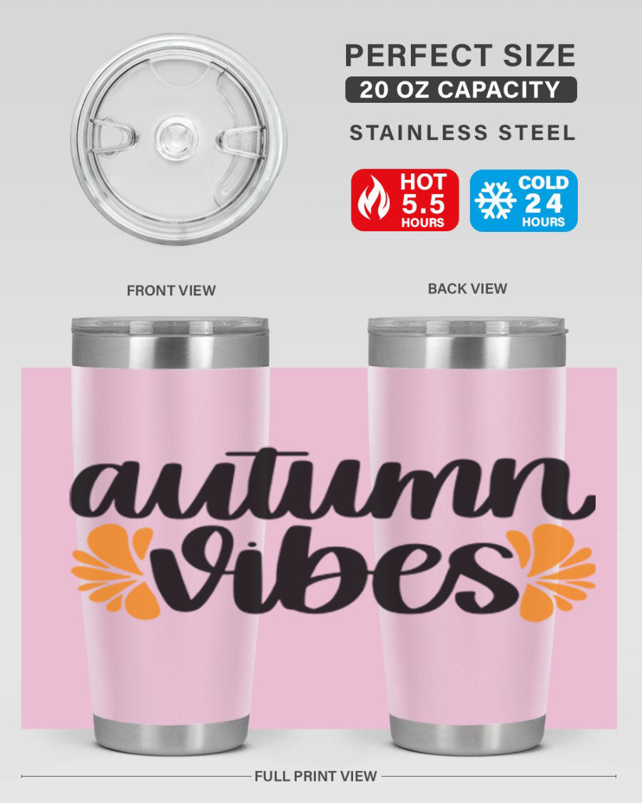 Autumn Vibes 478# Tumbler featuring a fall-themed design, double wall vacuum insulation, and a press-in lid, perfect for hot and cold beverages.