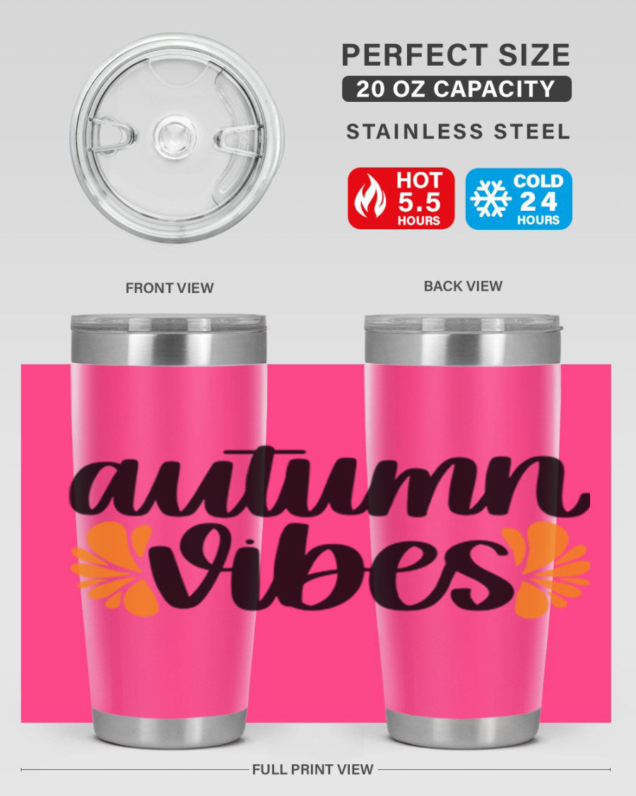 Autumn Vibes 478# Tumbler featuring a fall-themed design, double wall vacuum insulation, and a press-in lid, perfect for hot and cold beverages.