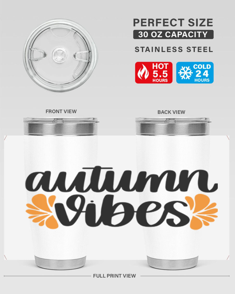 Autumn Vibes 478# Tumbler featuring a fall-themed design, double wall vacuum insulation, and a press-in lid, perfect for hot and cold beverages.