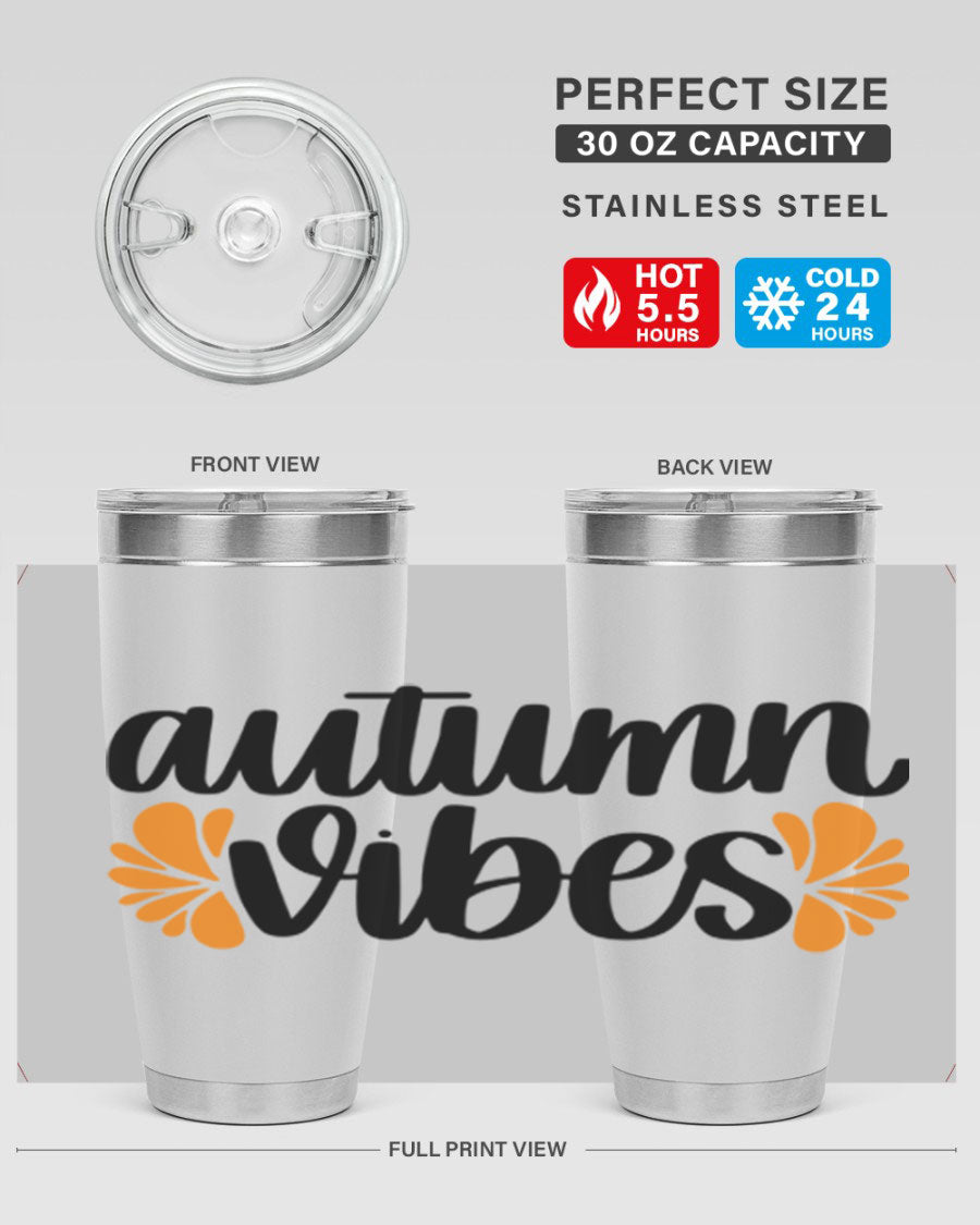 Autumn Vibes 478# Tumbler featuring a fall-themed design, double wall vacuum insulation, and a press-in lid, perfect for hot and cold beverages.