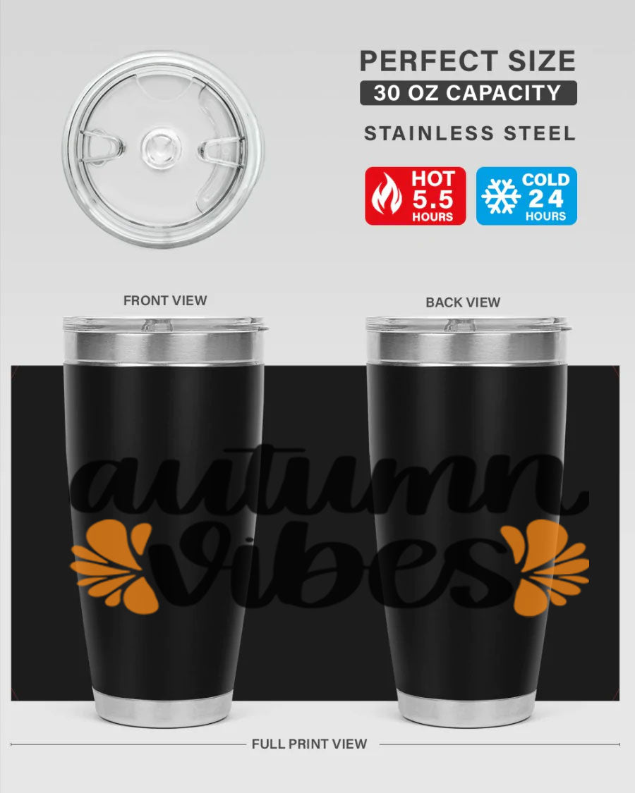 Autumn Vibes 478# Tumbler featuring a fall-themed design, double wall vacuum insulation, and a press-in lid, perfect for hot and cold beverages.