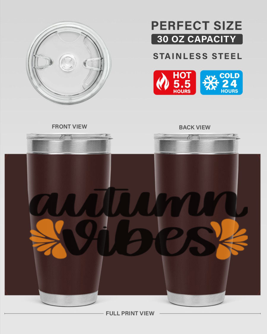 Autumn Vibes 478# Tumbler featuring a fall-themed design, double wall vacuum insulation, and a press-in lid, perfect for hot and cold beverages.