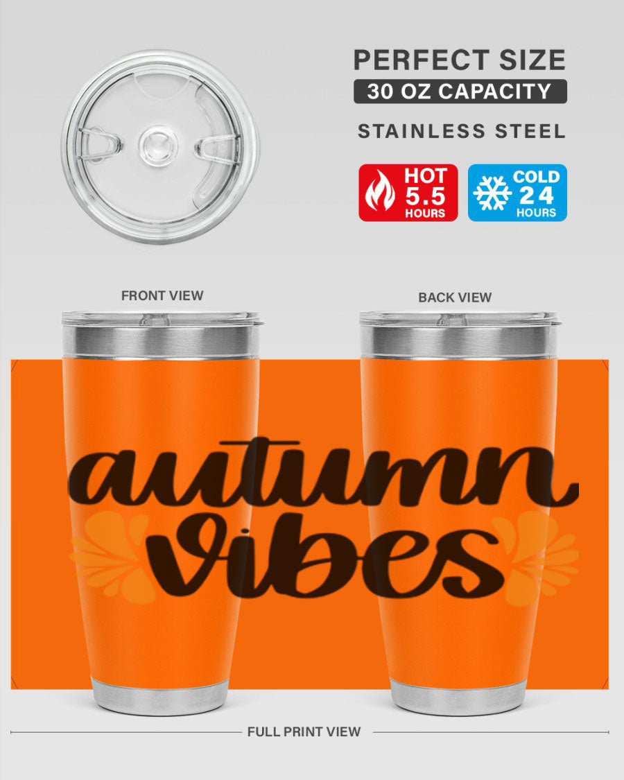 Autumn Vibes 478# Tumbler featuring a fall-themed design, double wall vacuum insulation, and a press-in lid, perfect for hot and cold beverages.