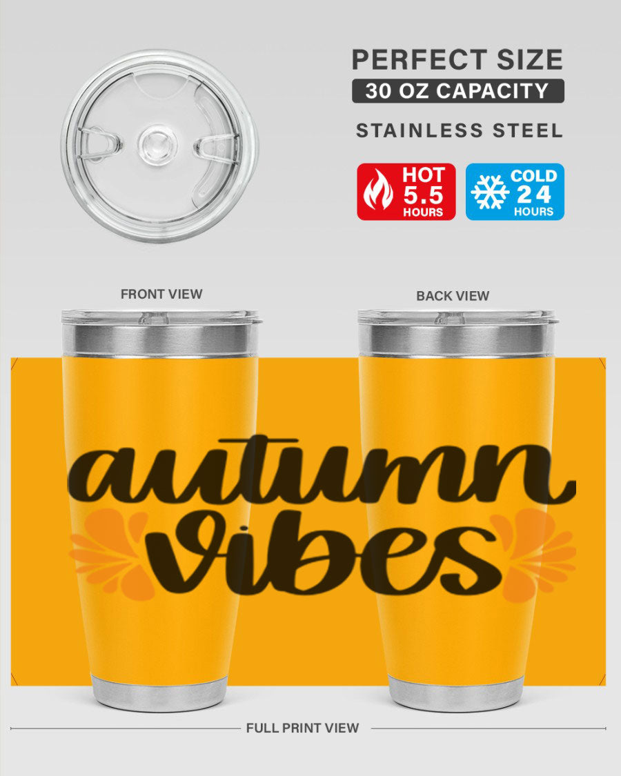 Autumn Vibes 478# Tumbler featuring a fall-themed design, double wall vacuum insulation, and a press-in lid, perfect for hot and cold beverages.