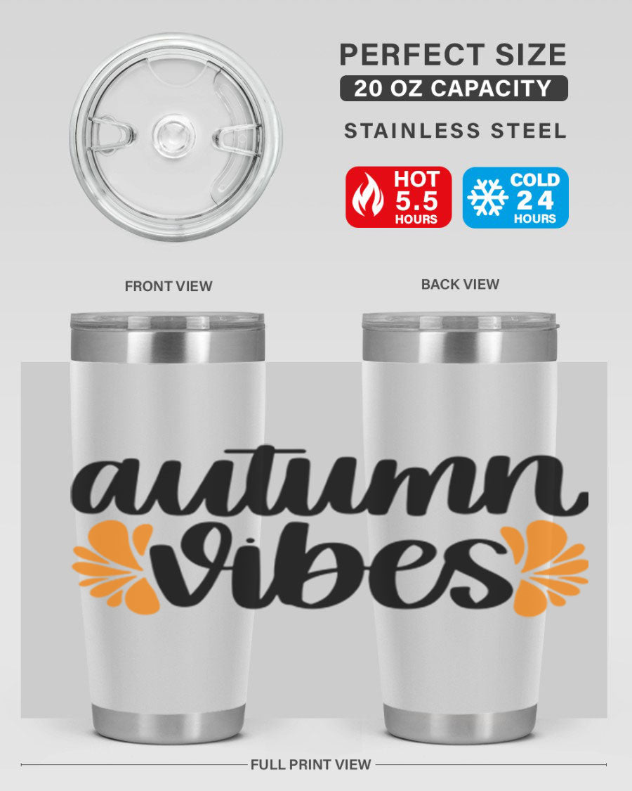 Autumn Vibes 478# Tumbler featuring a fall-themed design, double wall vacuum insulation, and a press-in lid, perfect for hot and cold beverages.