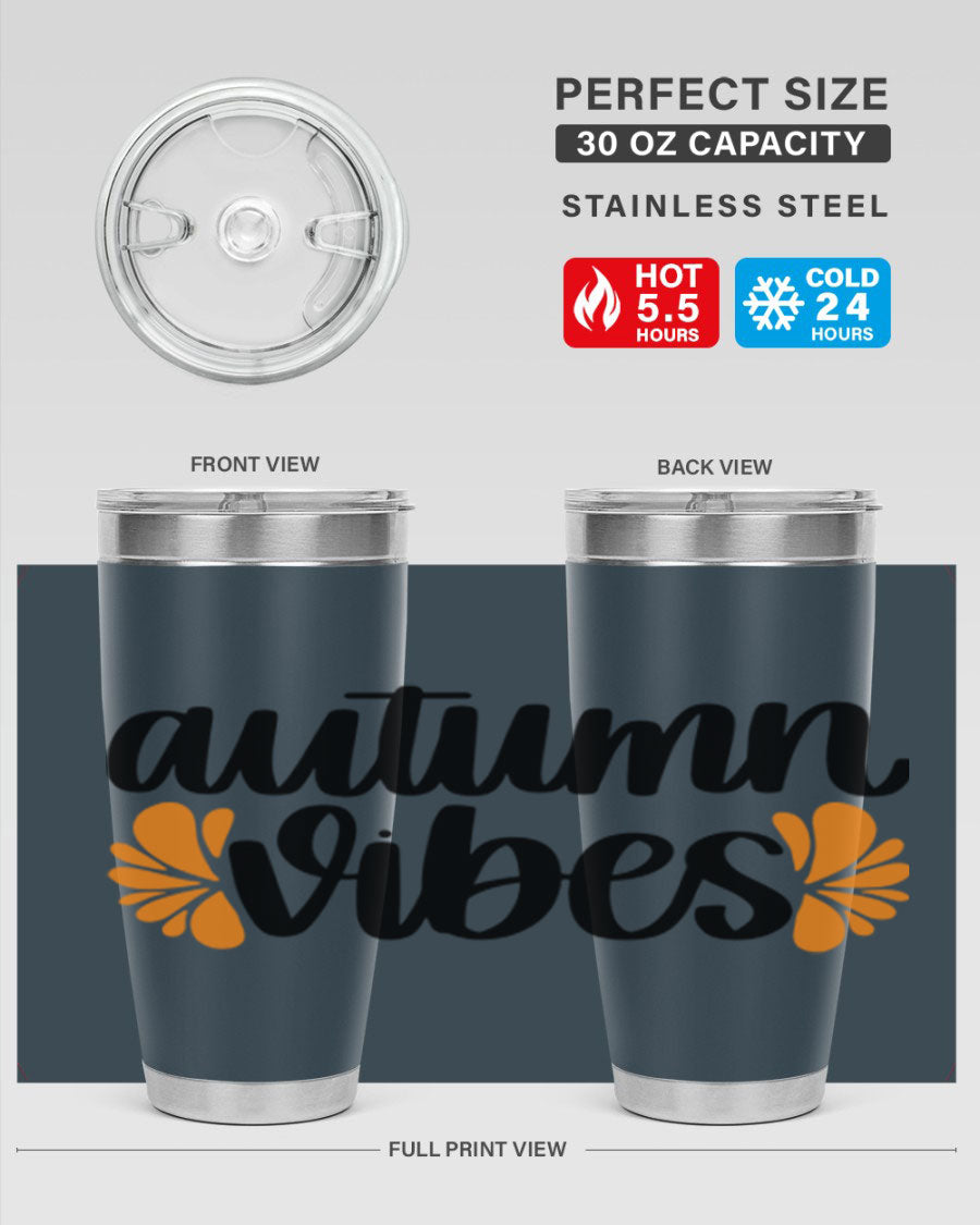 Autumn Vibes 478# Tumbler featuring a fall-themed design, double wall vacuum insulation, and a press-in lid, perfect for hot and cold beverages.