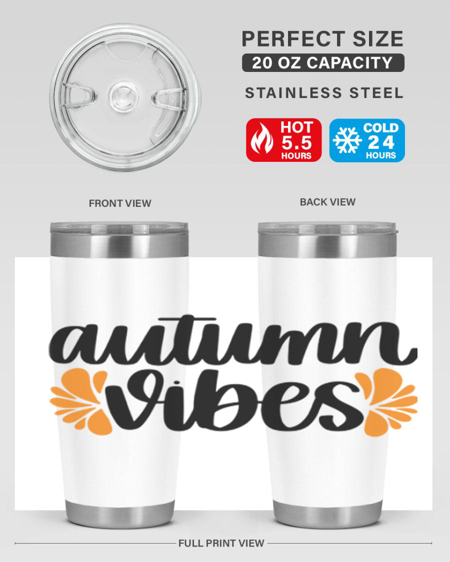 Autumn Vibes 478# Tumbler featuring a fall-themed design, double wall vacuum insulation, and a press-in lid, perfect for hot and cold beverages.