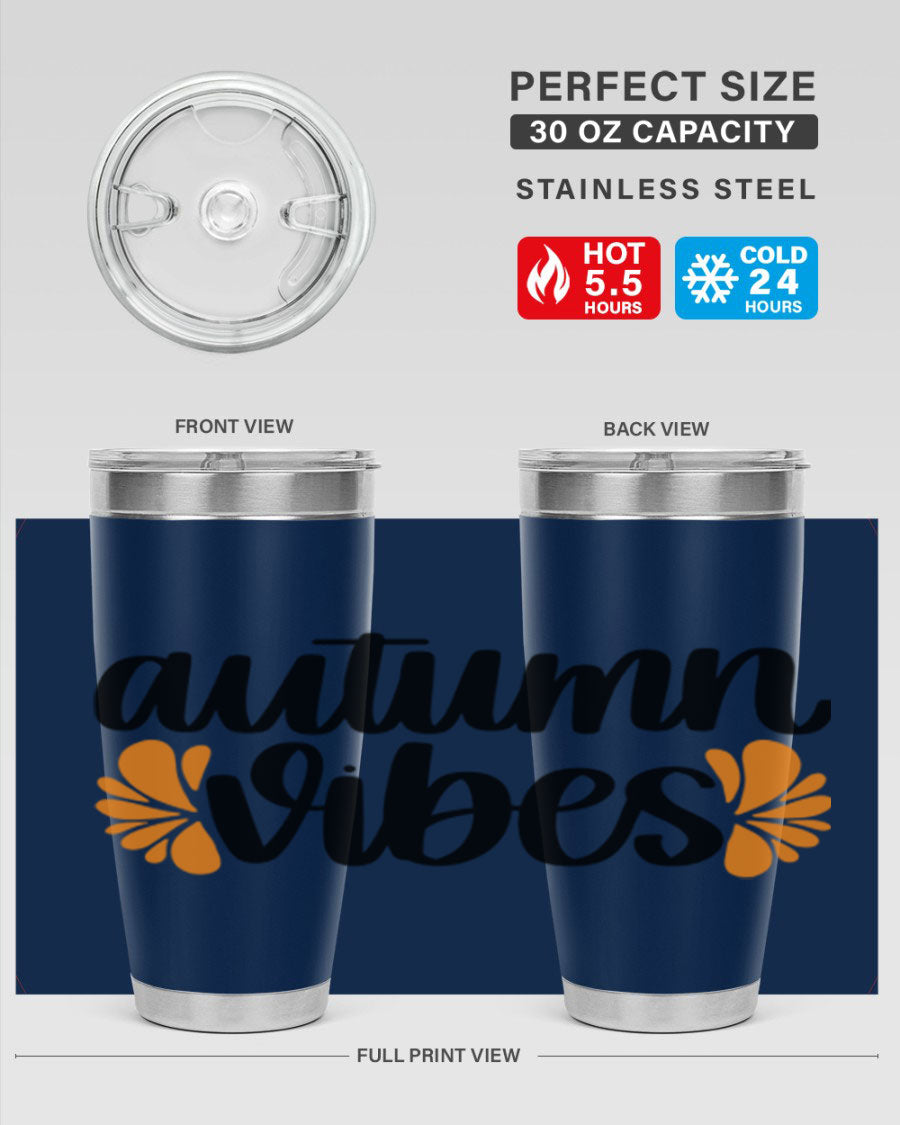 Autumn Vibes 478# Tumbler featuring a fall-themed design, double wall vacuum insulation, and a press-in lid, perfect for hot and cold beverages.