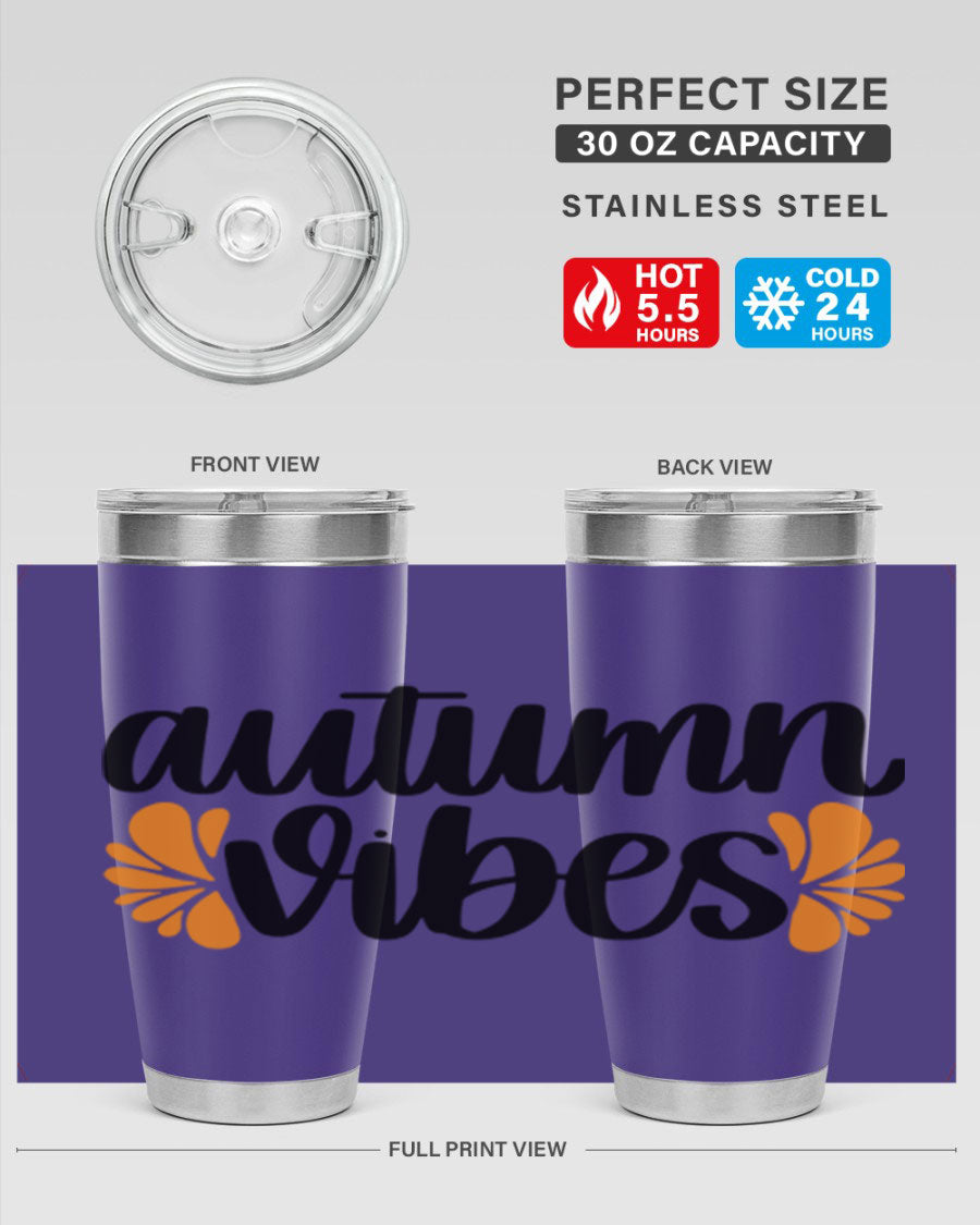 Autumn Vibes 478# Tumbler featuring a fall-themed design, double wall vacuum insulation, and a press-in lid, perfect for hot and cold beverages.