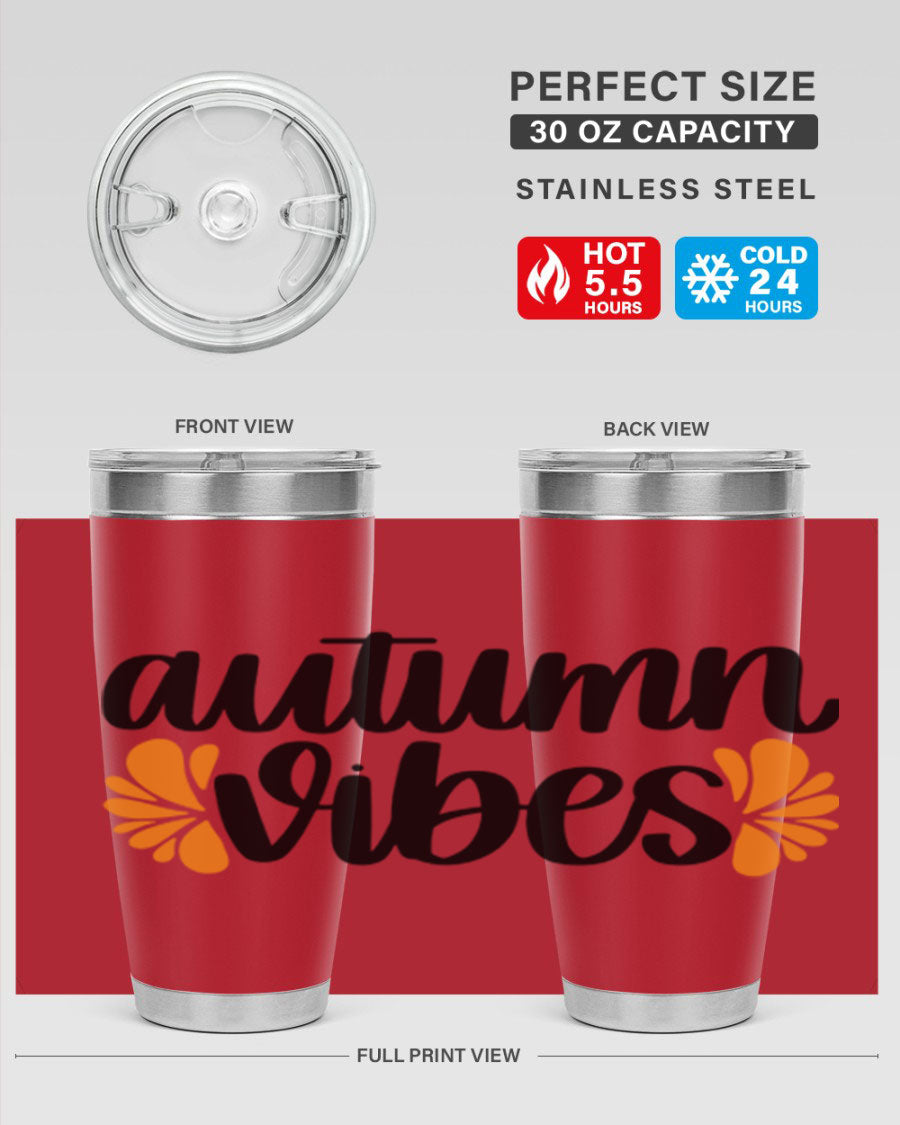 Autumn Vibes 478# Tumbler featuring a fall-themed design, double wall vacuum insulation, and a press-in lid, perfect for hot and cold beverages.