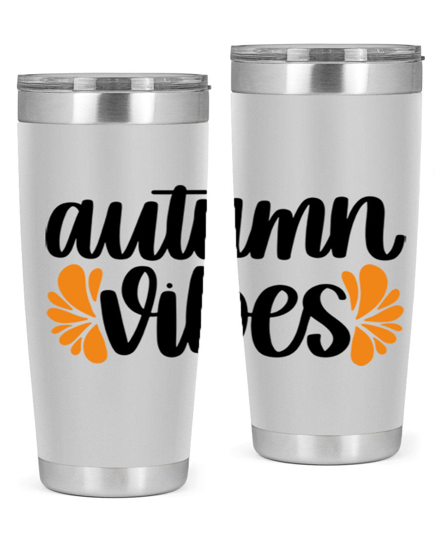 Autumn Vibes 478# Tumbler featuring a fall-themed design, double wall vacuum insulation, and a press-in lid, perfect for hot and cold beverages.