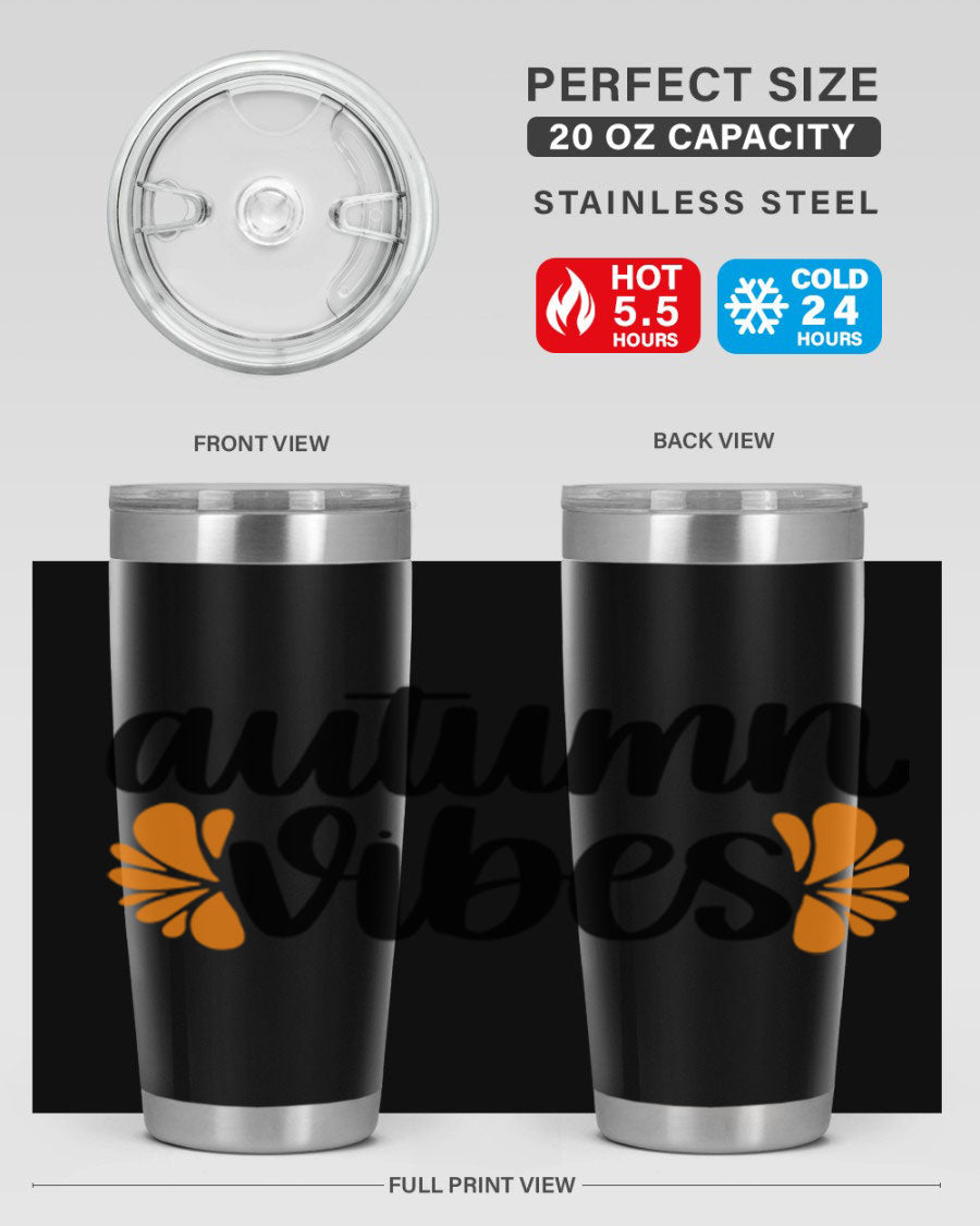 Autumn Vibes 478# Tumbler featuring a fall-themed design, double wall vacuum insulation, and a press-in lid, perfect for hot and cold beverages.