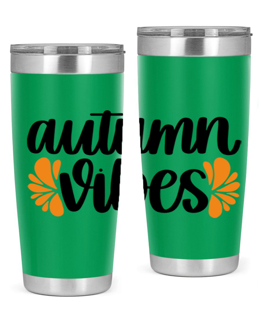 Autumn Vibes 478# Tumbler featuring a fall-themed design, double wall vacuum insulation, and a press-in lid, perfect for hot and cold beverages.