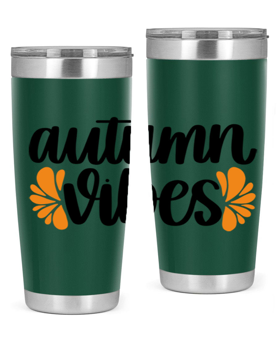 Autumn Vibes 478# Tumbler featuring a fall-themed design, double wall vacuum insulation, and a press-in lid, perfect for hot and cold beverages.