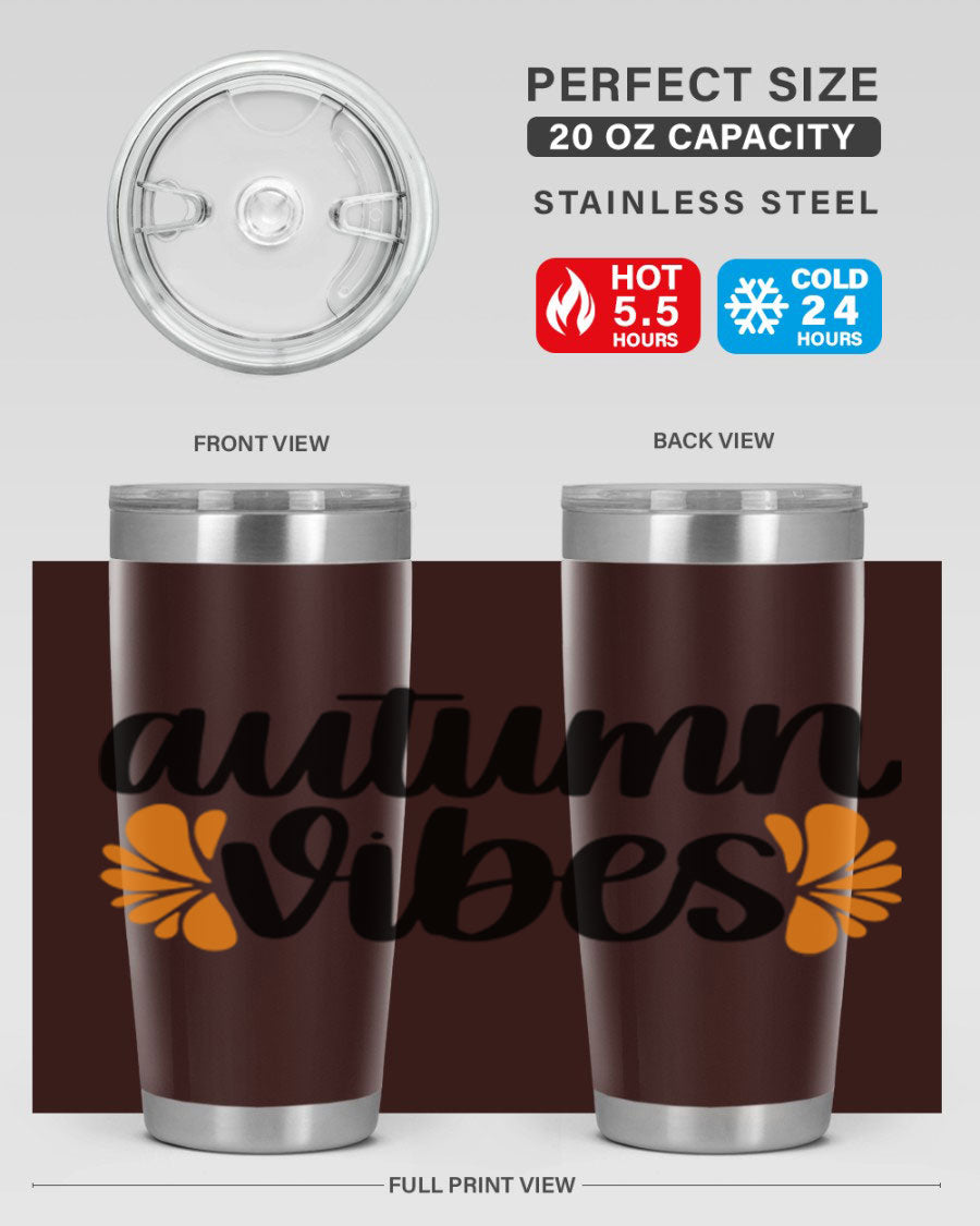 Autumn Vibes 478# Tumbler featuring a fall-themed design, double wall vacuum insulation, and a press-in lid, perfect for hot and cold beverages.