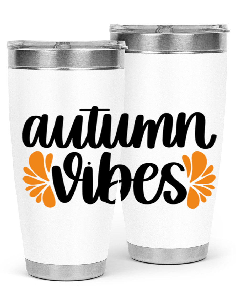 Autumn Vibes 478# Tumbler featuring a fall-themed design, double wall vacuum insulation, and a press-in lid, perfect for hot and cold beverages.