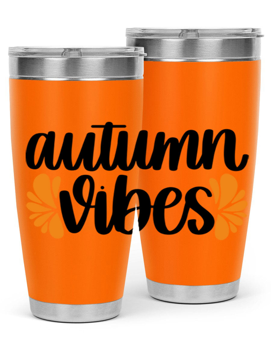 Autumn Vibes 478# Tumbler featuring a fall-themed design, double wall vacuum insulation, and a press-in lid, perfect for hot and cold beverages.