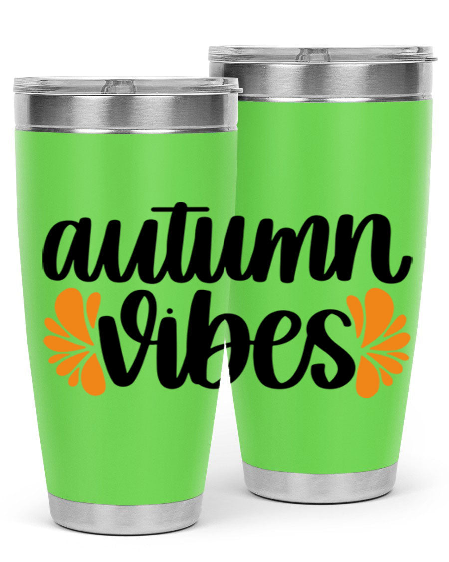 Autumn Vibes 478# Tumbler featuring a fall-themed design, double wall vacuum insulation, and a press-in lid, perfect for hot and cold beverages.