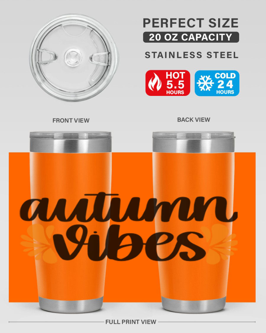 Autumn Vibes 478# Tumbler featuring a fall-themed design, double wall vacuum insulation, and a press-in lid, perfect for hot and cold beverages.