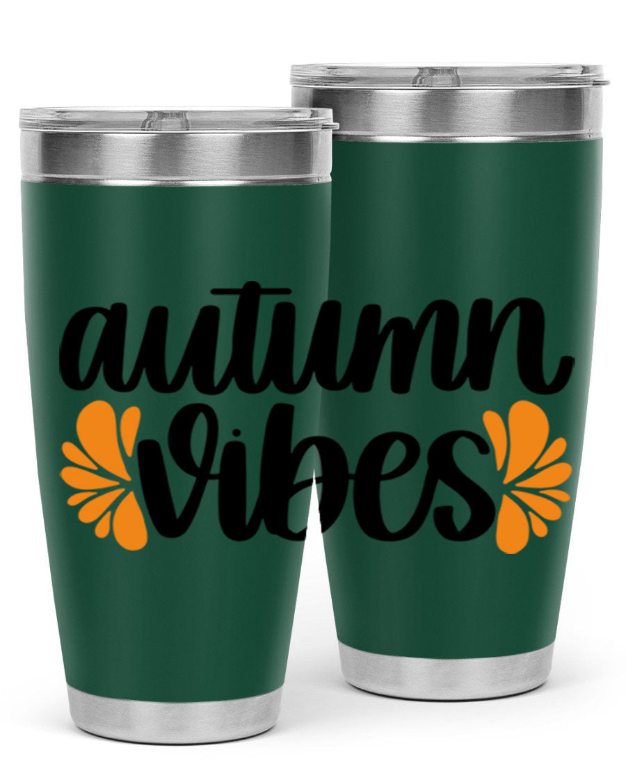 Autumn Vibes 478# Tumbler featuring a fall-themed design, double wall vacuum insulation, and a press-in lid, perfect for hot and cold beverages.