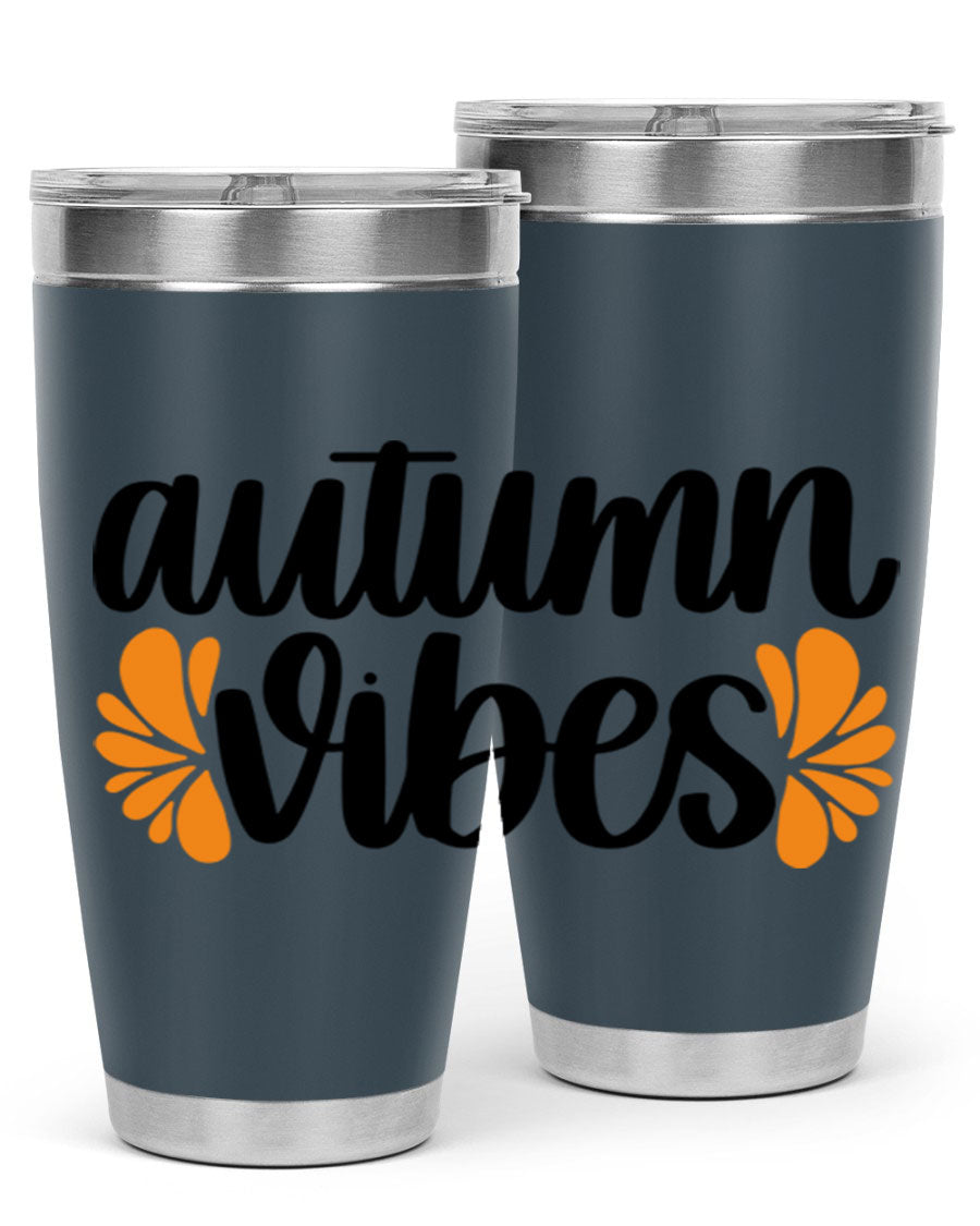 Autumn Vibes 478# Tumbler featuring a fall-themed design, double wall vacuum insulation, and a press-in lid, perfect for hot and cold beverages.