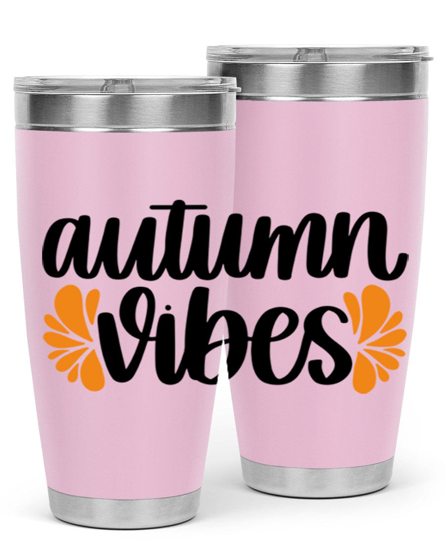 Autumn Vibes 478# Tumbler featuring a fall-themed design, double wall vacuum insulation, and a press-in lid, perfect for hot and cold beverages.