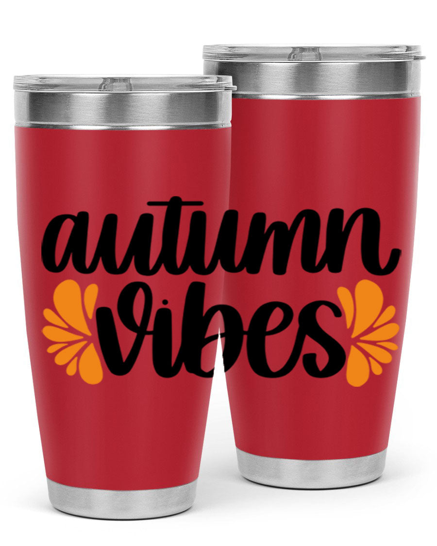 Autumn Vibes 478# Tumbler featuring a fall-themed design, double wall vacuum insulation, and a press-in lid, perfect for hot and cold beverages.