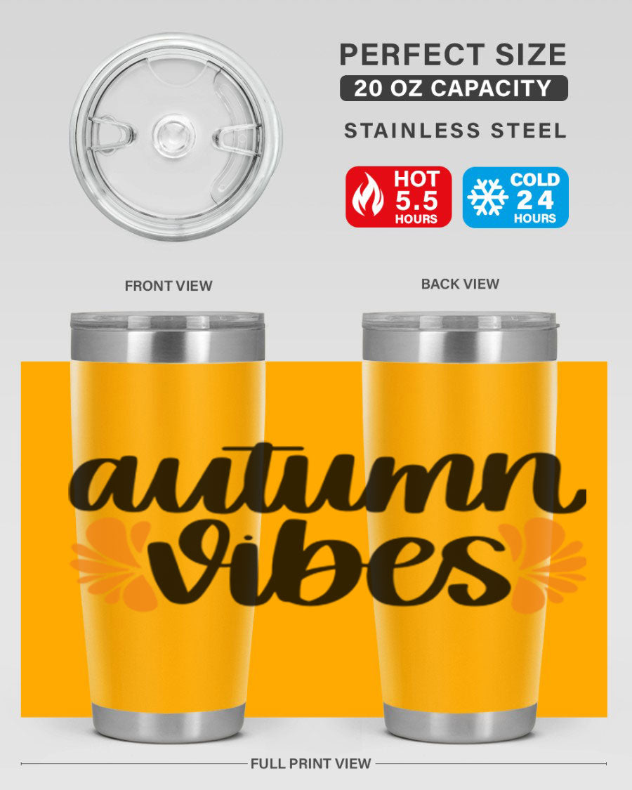 Autumn Vibes 478# Tumbler featuring a fall-themed design, double wall vacuum insulation, and a press-in lid, perfect for hot and cold beverages.