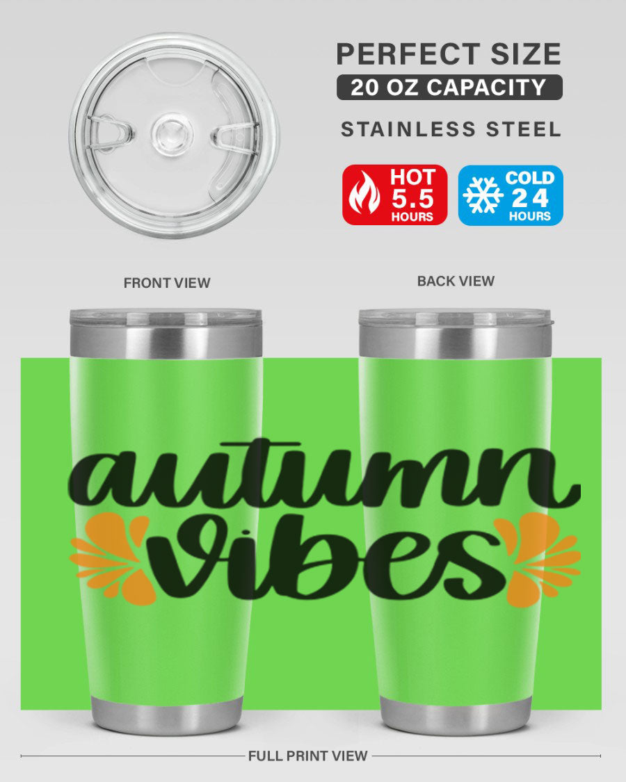 Autumn Vibes 478# Tumbler featuring a fall-themed design, double wall vacuum insulation, and a press-in lid, perfect for hot and cold beverages.