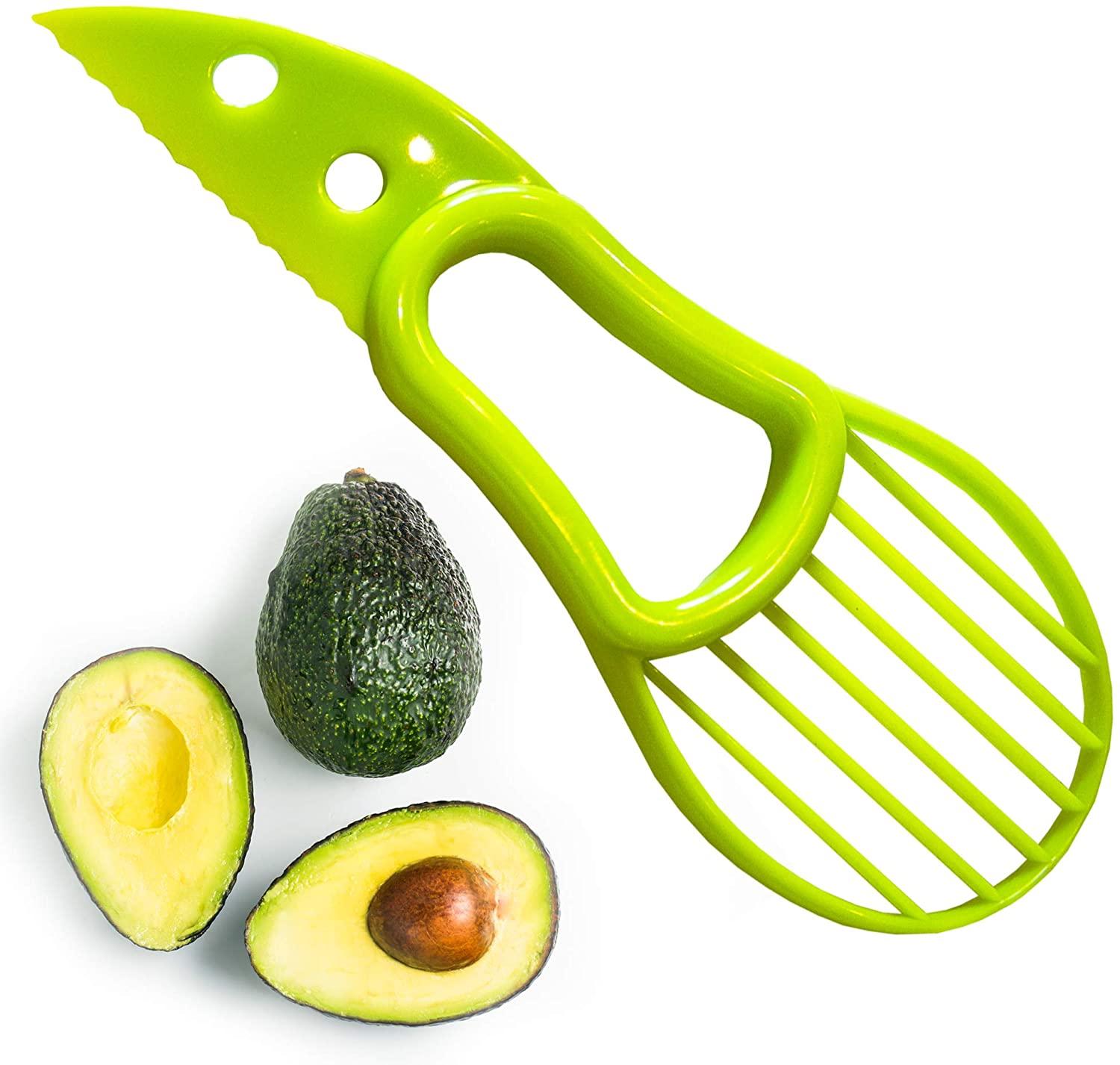 A green 3-in-1 avocado slicer tool with a plastic blade, designed for safe slicing and pitting of avocados and other fruits.