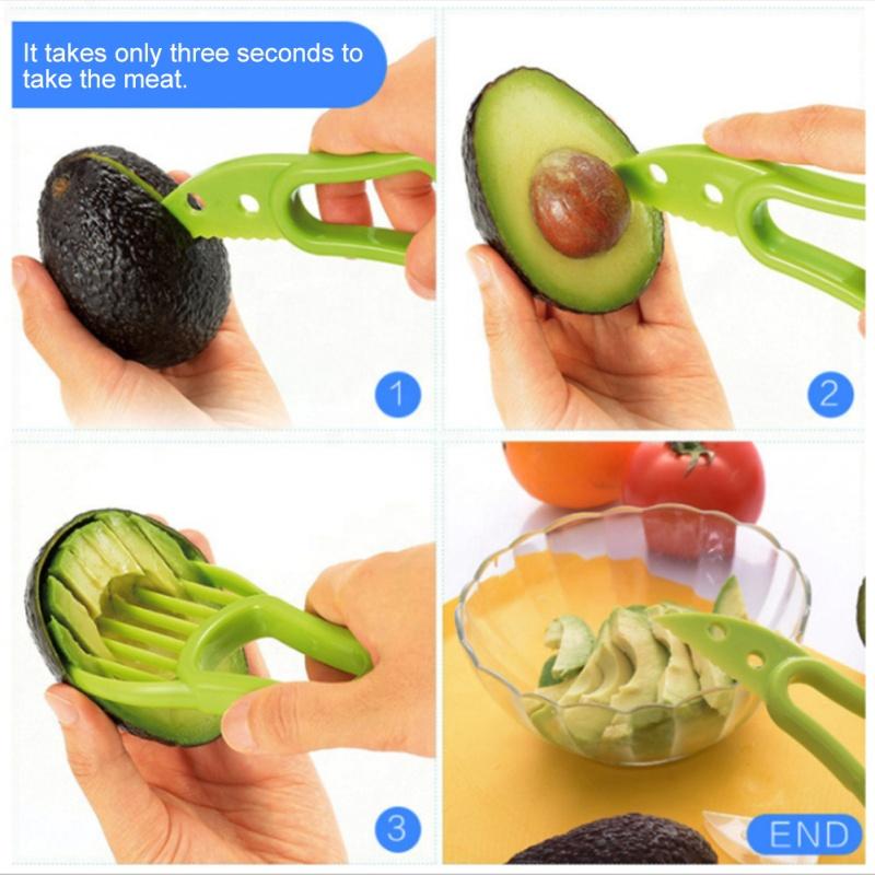 A green 3-in-1 avocado slicer tool with a plastic blade, designed for safe slicing and pitting of avocados and other fruits.