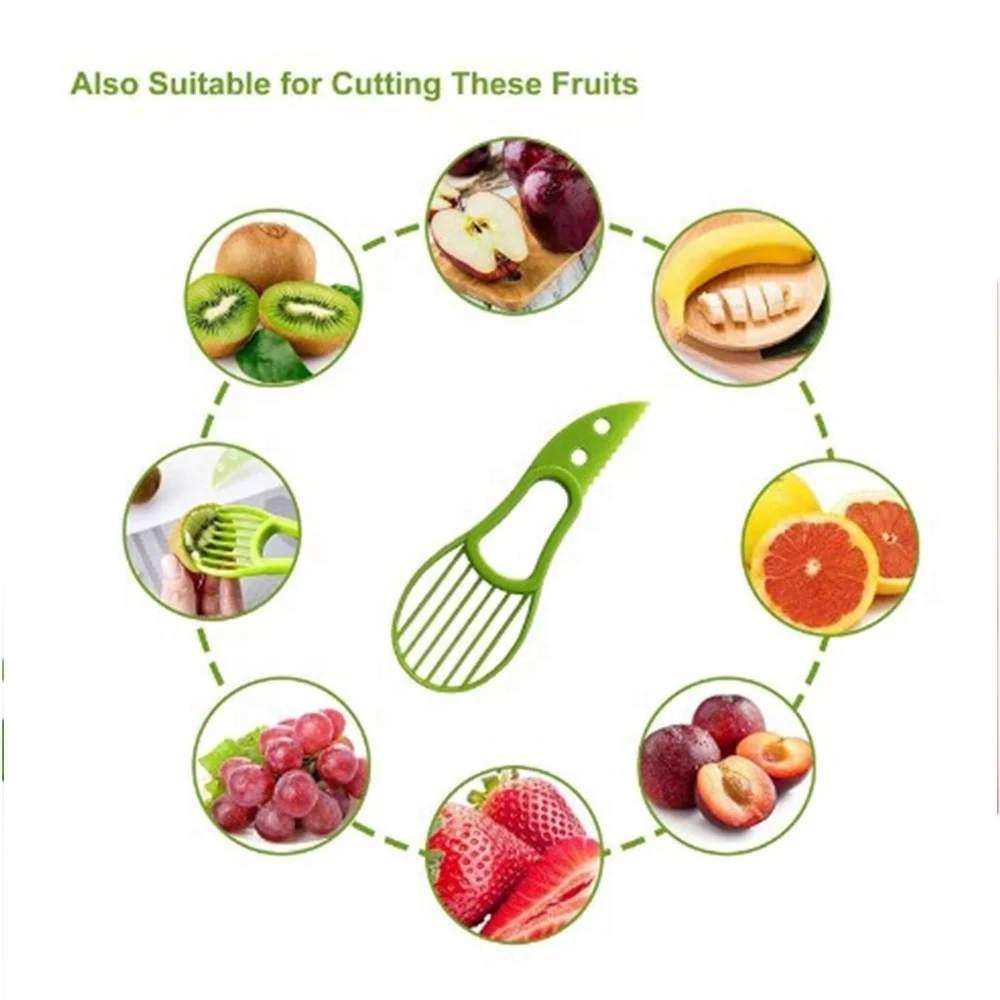 A green 3-in-1 avocado slicer tool with a plastic blade, designed for safe slicing and pitting of avocados and other fruits.