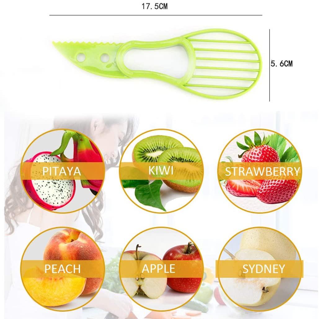 A green 3-in-1 avocado slicer tool with a plastic blade, designed for safe slicing and pitting of avocados and other fruits.