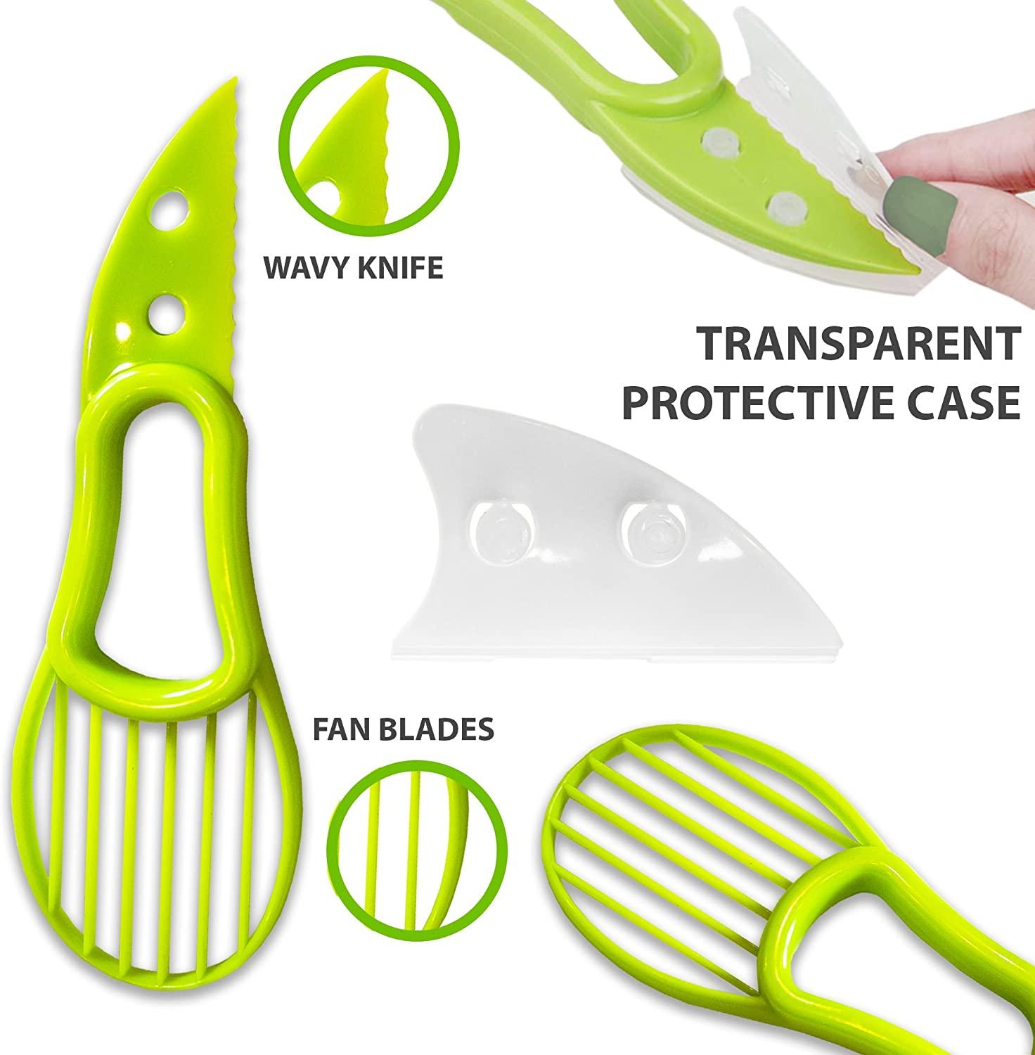 A green 3-in-1 avocado slicer tool with a plastic blade, designed for safe slicing and pitting of avocados and other fruits.