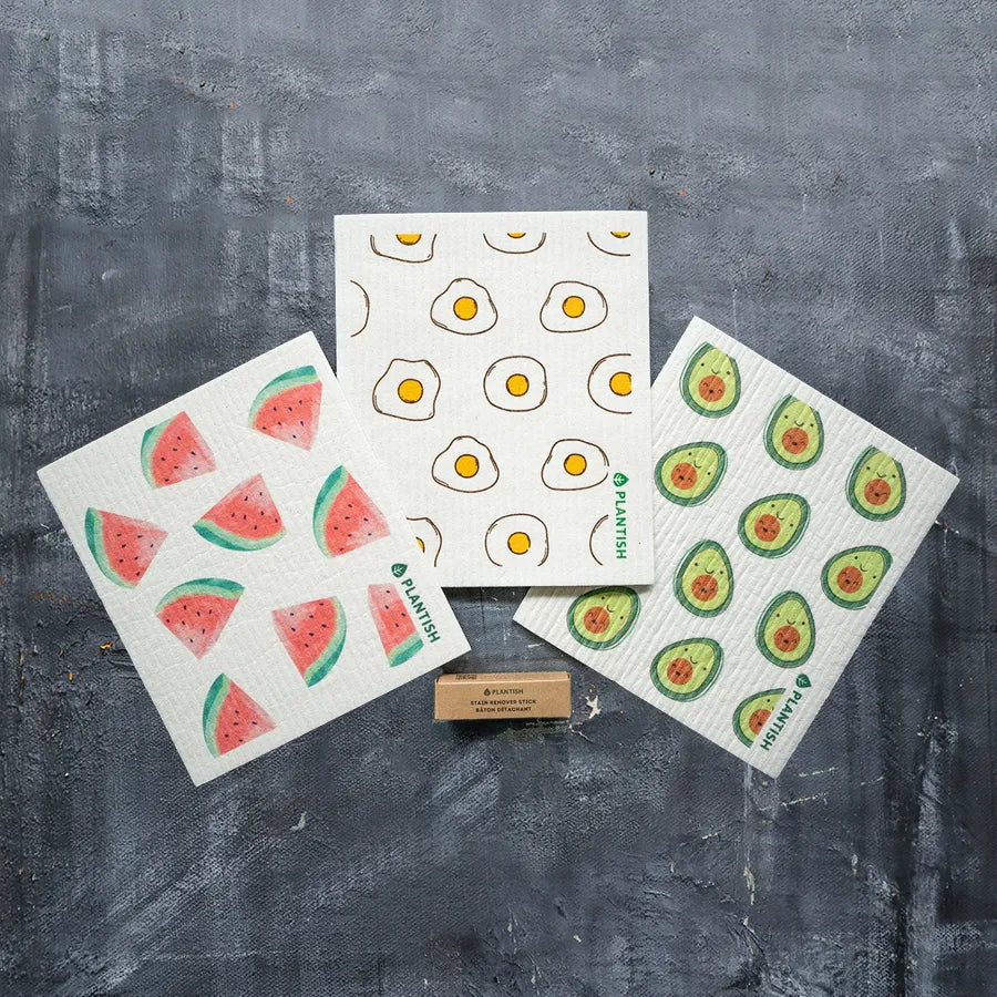 Avocado Swedish Sponge Cloth displayed in a kitchen, highlighting its vibrant avocado design and eco-friendly material.