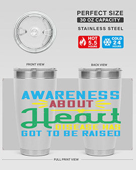 Stylish stainless steel tumbler promoting heart disease awareness, featuring a double wall vacuum design and a drink-thru lid.