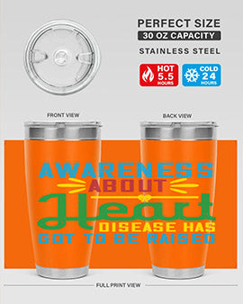 Stylish stainless steel tumbler promoting heart disease awareness, featuring a double wall vacuum design and a drink-thru lid.