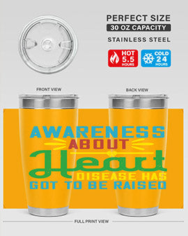 Stylish stainless steel tumbler promoting heart disease awareness, featuring a double wall vacuum design and a drink-thru lid.