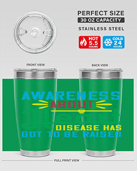 Stylish stainless steel tumbler promoting heart disease awareness, featuring a double wall vacuum design and a drink-thru lid.