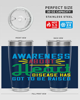 Stylish stainless steel tumbler promoting heart disease awareness, featuring a double wall vacuum design and a drink-thru lid.