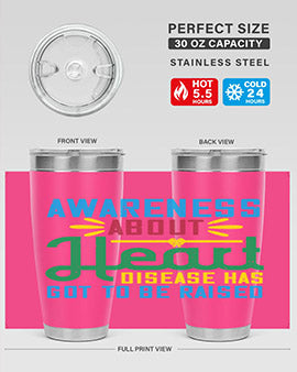 Stylish stainless steel tumbler promoting heart disease awareness, featuring a double wall vacuum design and a drink-thru lid.